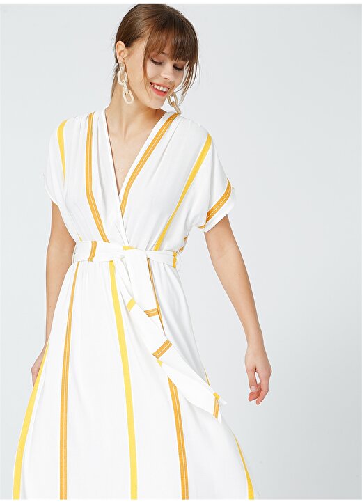 Fabrika Comfort V Yaka Çizgili Sarı - Beyaz Kadın Elbise 4