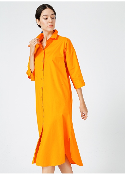 Fabrika Comfort Gömlek Yaka Düz Turuncu Kadın Elbise 2