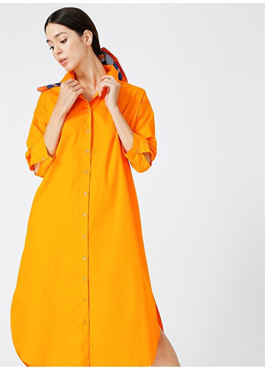 Fabrika Comfort Gömlek Yaka Düz Turuncu Kadın Elbise 3