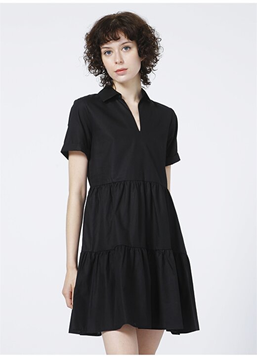 Limon Gömlek Yaka Düz Siyah Kadın Elbise 2