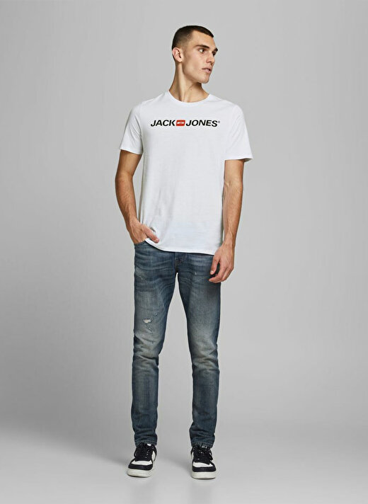 Jack & Jones Bisiklet Yaka Kısa Kol Slim Fit Baskılı %100 Pamuk Beyaz Erkek T-Shirt 3