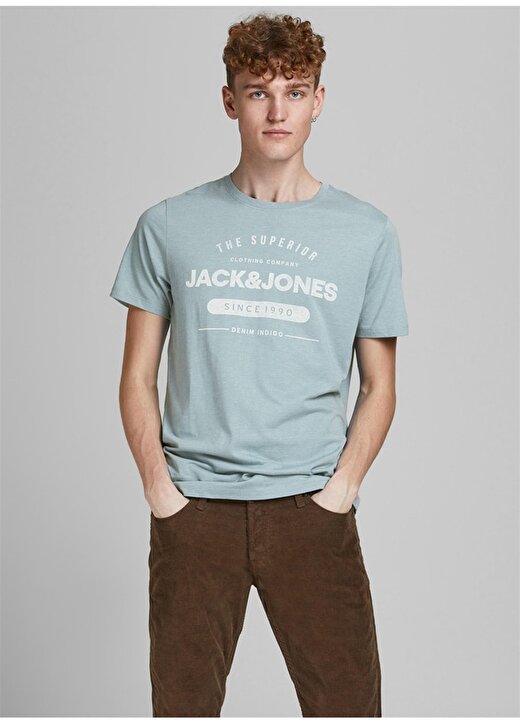 Jack & Jones Bisiklet Yaka Kısa Kol Slim Fit Baskılı %100 Pamuk Mavi Erkek T-Shirt 1