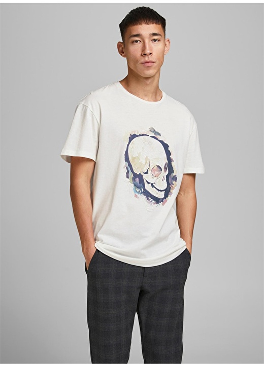 Jack & Jones Erkek Koyu Beyaz Bisiklet Yaka T-Shirt 1