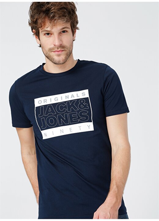 Jack & Jones Erkek Baskılı Lacivert Bisiklet Yaka T-Shirt 1