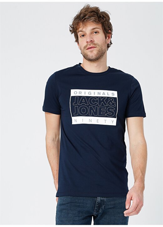 Jack & Jones Erkek Baskılı Lacivert Bisiklet Yaka T-Shirt 3