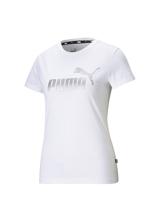 Puma 58689002 Ess+ Meta Bisiklet Yaka Standart Kalıp Baskılı Beyaz - Gümüş Kadın T-Shirt 4