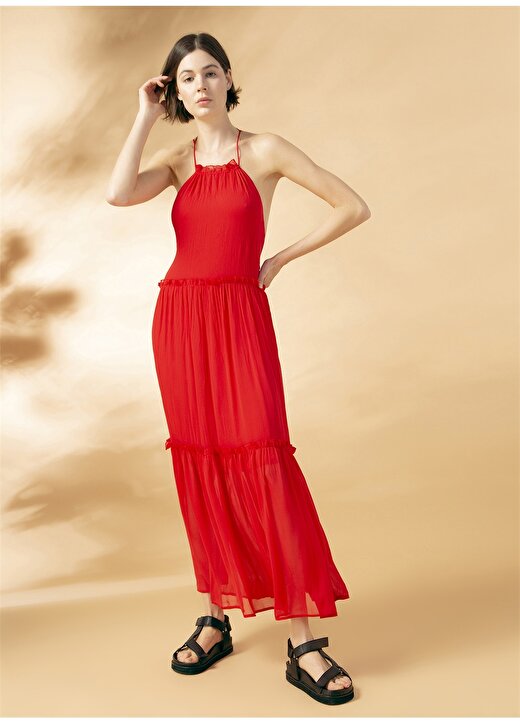 Ezomola Kare Yaka Düz Kırmızı Kadın Elbise 1