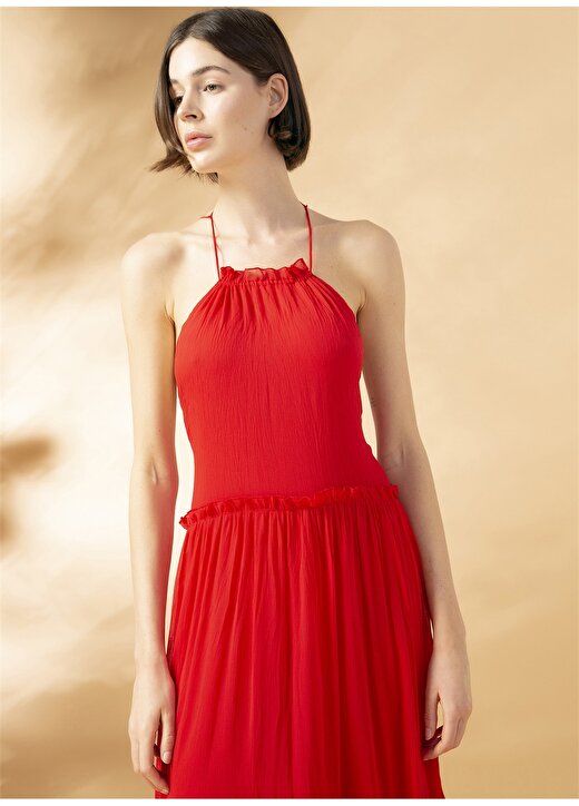 Ezomola Kare Yaka Düz Kırmızı Kadın Elbise 2