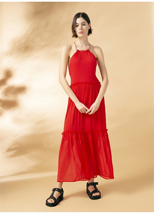Ezomola Kare Yaka Düz Kırmızı Kadın Elbise 3