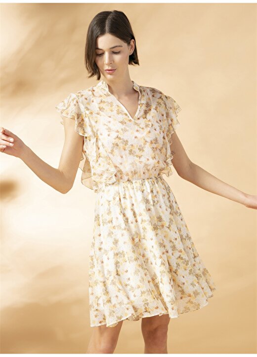 Ezomola Kaçık Yaka Desenli Sarı - Beyaz Kadın Elbise 1