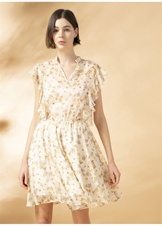 Ezomola Kaçık Yaka Desenli Sarı - Beyaz Kadın Elbise 2