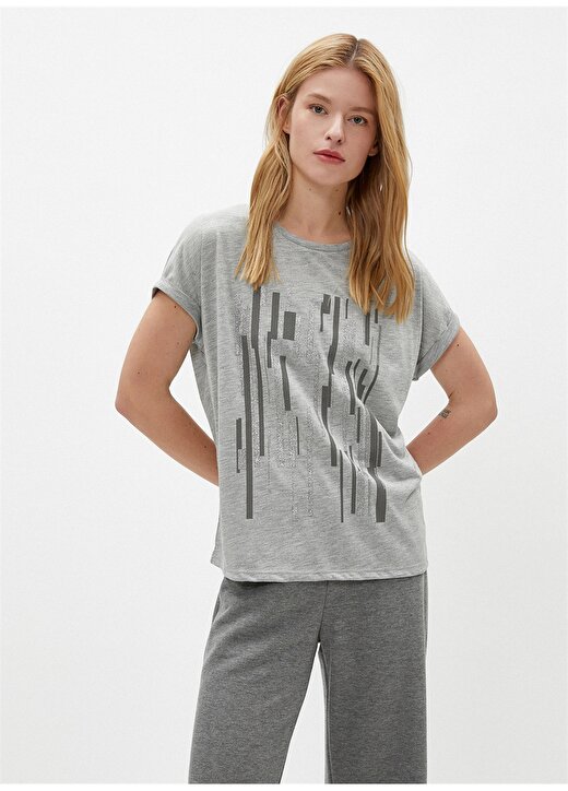 Koton Simli Çizgili Desen Gri Kadın T-Shirt 2