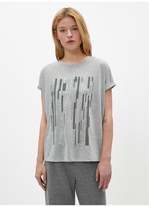 Koton Simli Çizgili Desen Gri Kadın T-Shirt 3