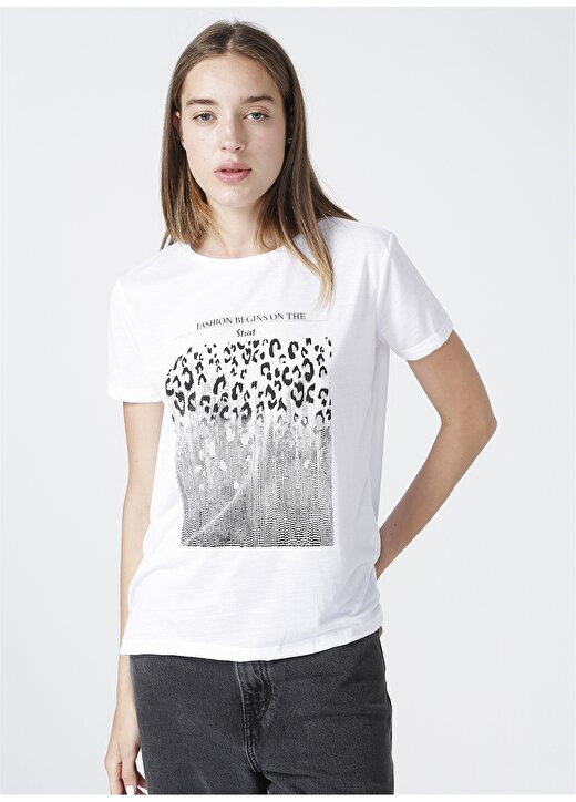 Koton Yuvarlak Yaka Kısa Kollu Resim Baskılı Beyaz Kadın T-Shirt 3