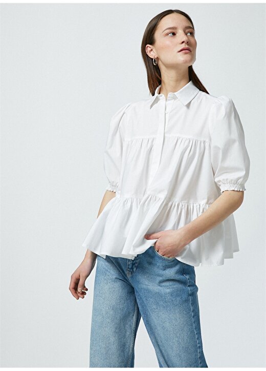 Koton Gömlek Yaka Balon Kısa Kol Düğmeli Beyaz Kadın Bluz 2