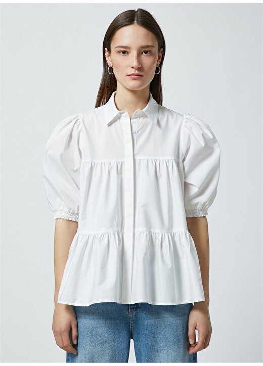 Koton Gömlek Yaka Balon Kısa Kol Düğmeli Beyaz Kadın Bluz 3