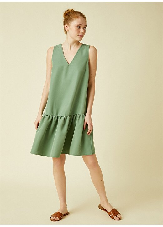 Koton V Yaka Pileli Kolsuz Diz Üstü Yeşil Kadın Elbise 2