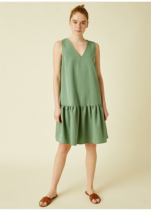 Koton V Yaka Pileli Kolsuz Diz Üstü Yeşil Kadın Elbise 3