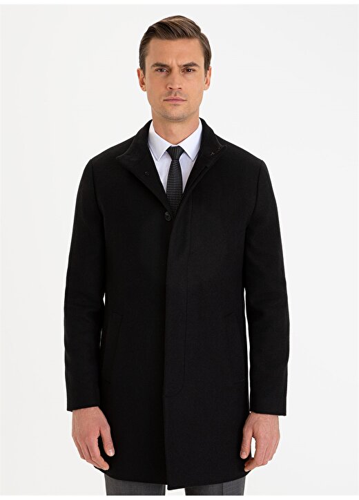 Pierre Cardin Düz Düğmeli Siyah Erkek Palto 1