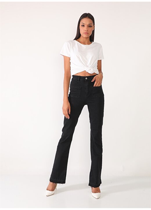 Darkly Jeans Yüksek Bel Geniş Paça Flare Siyah Kadın Denim Pantolon 2