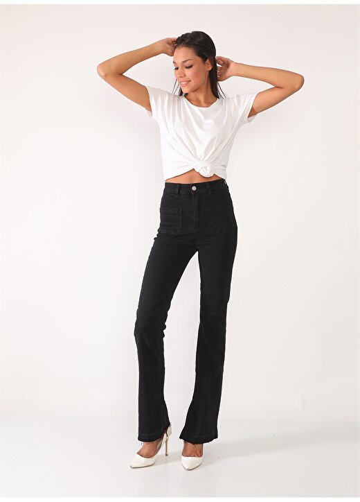 Darkly Jeans Yüksek Bel Geniş Paça Flare Siyah Kadın Denim Pantolon 3