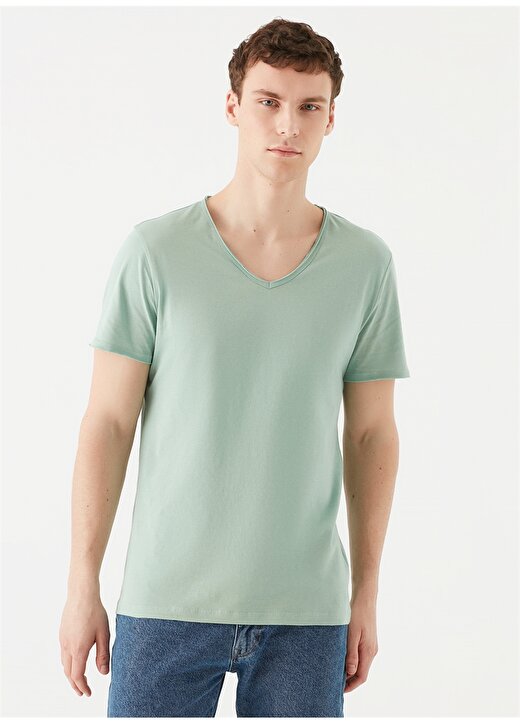 Mavi V Yaka Kısa Kollu Dar Kalıp Düz Koyu Yeşil Erkek T-Shirt 3