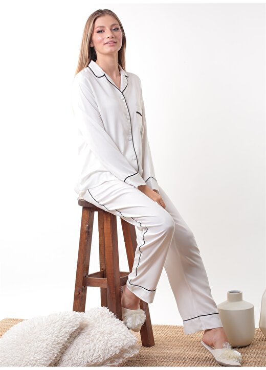 Pamuk&Pamuk Şal Yaka Uzun Kollu Normal Bel Düz Paça Beyaz Kadın Pijama Takımı 1
