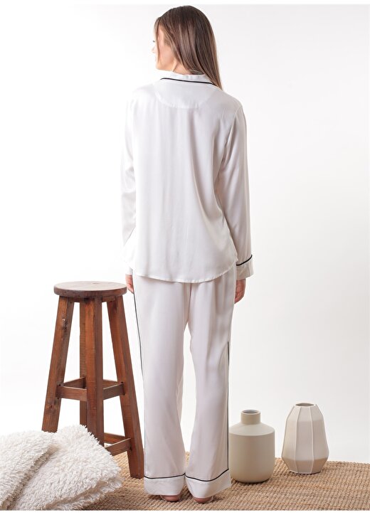Pamuk&Pamuk Şal Yaka Uzun Kollu Normal Bel Düz Paça Beyaz Kadın Pijama Takımı 3