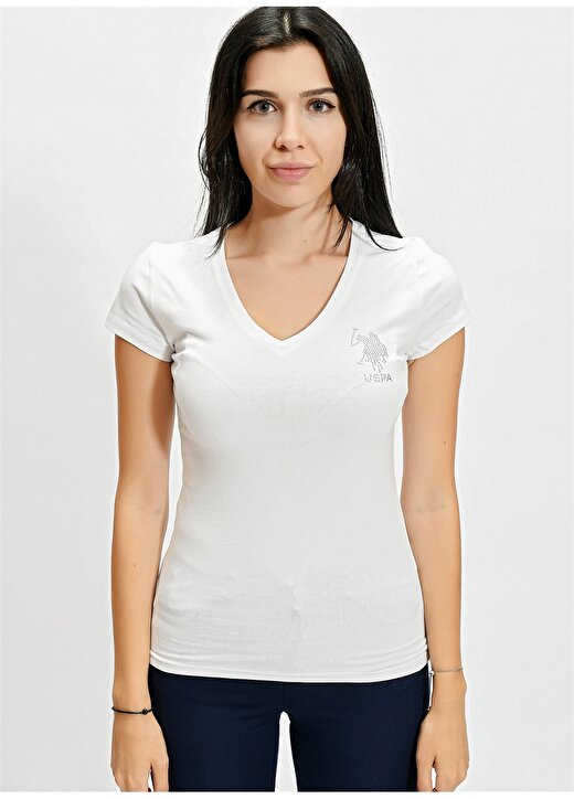 U.S. Polo Assn. Tv0121 V Yaka Extra Slim Düz Beyaz Kadın T-Shirt 1