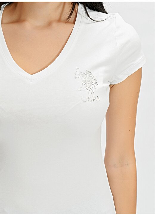 U.S. Polo Assn. Tv0121 V Yaka Extra Slim Düz Beyaz Kadın T-Shirt 3