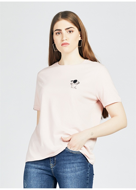 Loft Kısa Kol Bisiklet Yaka Desenli Toz Pembe Kadın T-Shirt 2