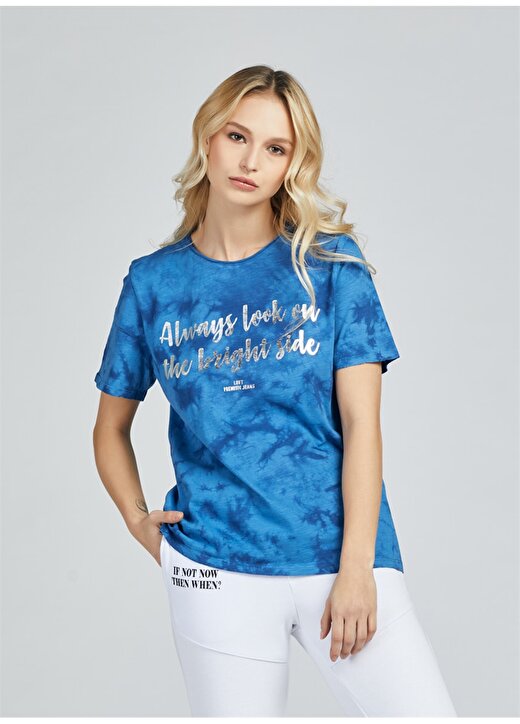 Loft Kısa Kol Bisiklet Yaka Desenli Regular Fit Mavi Kadın T-Shirt 4