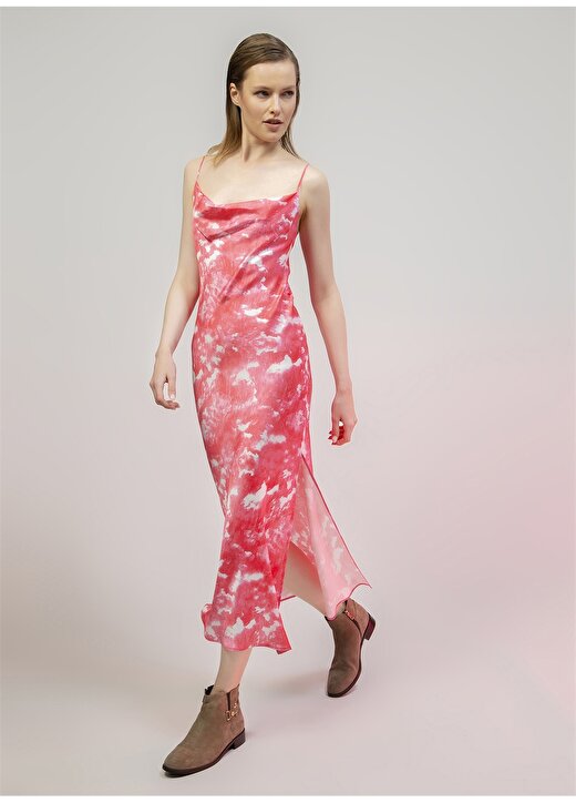 DM X Boyner Degaje Yaka Batik Pembe Kadın Saten Kalem Elbise 3