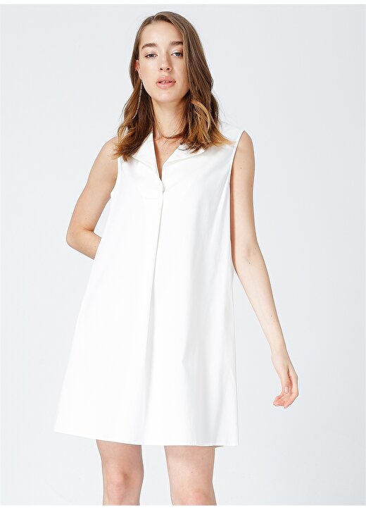 Fabrika Gömlek Yaka Düz Beyaz Kadın Elbise 2