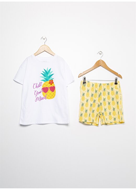 Limon Kısa Kollu Kısa Paça Desenli Sarı Beyaz Kız Çocuk Pijama Takımı 1