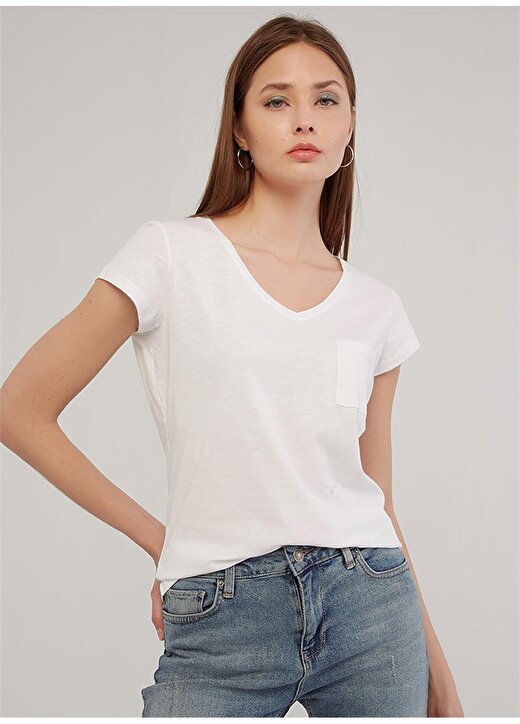 Fashion Friends Kadın Beyaz V Yaka T-Shirt 1