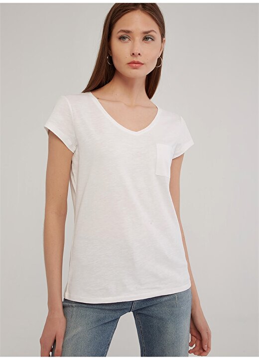 Fashion Friends Kadın Beyaz V Yaka T-Shirt 2