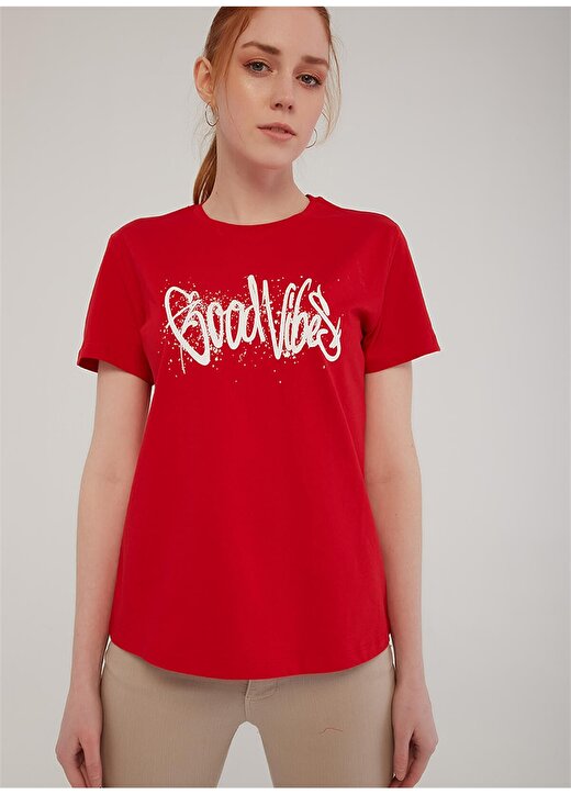 Fashion Friends Kadın Kırmızı Bisiklet Yaka T-Shirt 2