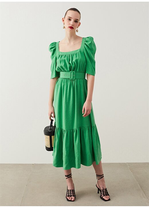 İpekyol Kare Yaka Yeşil Balon Kol Elbise 2