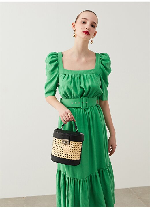 İpekyol Kare Yaka Yeşil Balon Kol Elbise 4