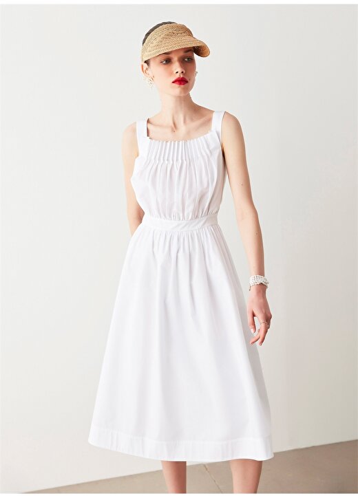 İpekyol Koyu Beyaz Kare Yaka Nervür Şeritli Elbise 2