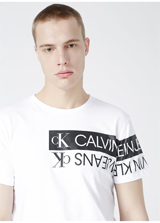 Calvin Klein Jeans Bisiklet Regular Fit Baskılı Erkek Beyaz T-Shirt J30J317086 YAF MIRROR LOGO TEE 2