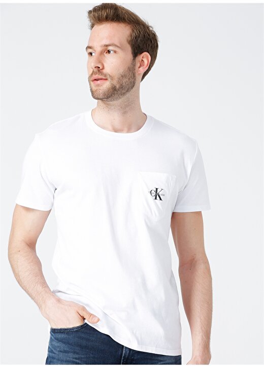 Calvin Klein Jeans Bisiklet Regular Fit Düz Erkek Beyaz T-Shirt J30J317294-YAF MONOGRAM POCKET TEE 3