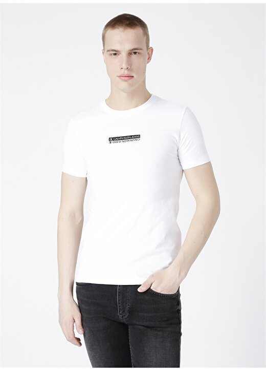 Calvin Klein Jeans Bisiklet Dar Düz Erkek Beyaz T-Shirt J30J317063-YAF MIRROR LOGO SLIM T 1