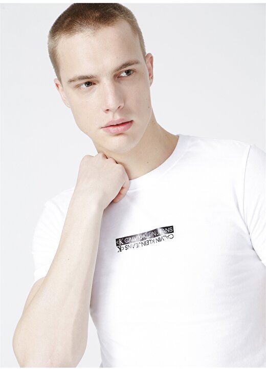 Calvin Klein Jeans Bisiklet Dar Düz Erkek Beyaz T-Shirt J30J317063-YAF MIRROR LOGO SLIM T 2