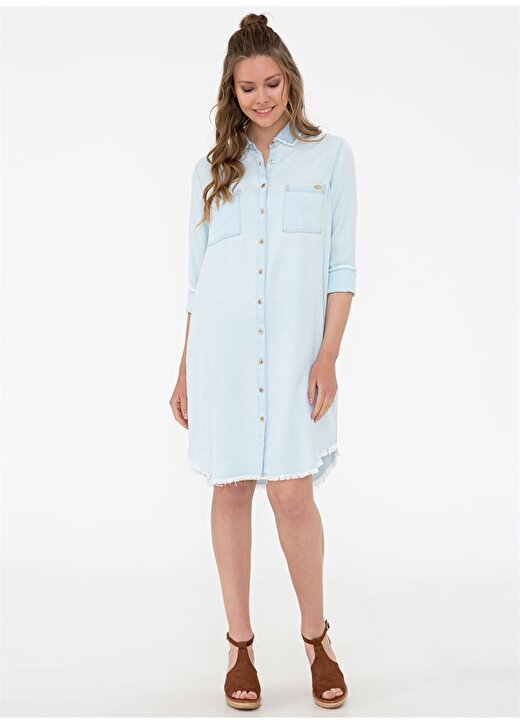 Twist Klasik Gömlek Yaka Yarım Kollu Uzun Cepli Düğmeli Açık Mavi Kadın Denim Elbise 1