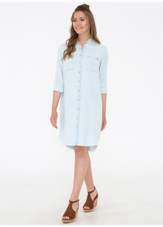 Twist Klasik Gömlek Yaka Yarım Kollu Uzun Cepli Düğmeli Açık Mavi Kadın Denim Elbise 2