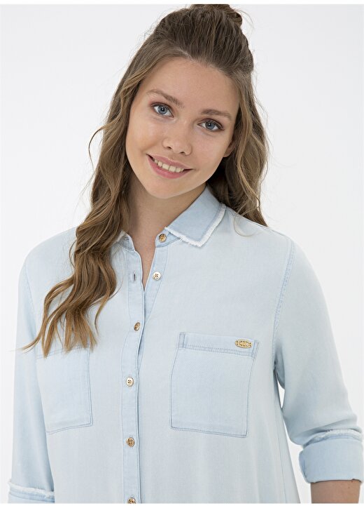 Twist Klasik Gömlek Yaka Yarım Kollu Uzun Cepli Düğmeli Açık Mavi Kadın Denim Elbise 3