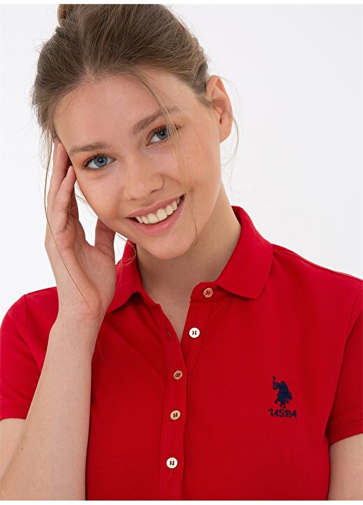 U.S. Polo Assn. Polo Yaka Kısa Kollu Düğmeli Kırmızı Kadın Elbise 2