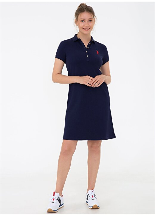 U.S. Polo Assn. Polo Yaka Kısa Kollu Düğmeli Mavi Kadın Elbise 1